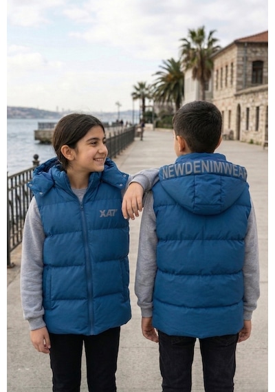 Pina Kids Unisex Çıtçıt Kapüşonlu Baskılı Şişme Yelek Mavi