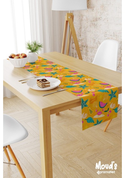 Turuncu Karpuz Ve Mango Desenli Baskılı Süet Runner Masa Örtüsü