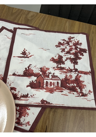 Toile De Jouy Monet Amerikan Servis 6 Lı Set 30x30 Cm %100 Pamuk Dijital Baskılı Country Tarzı Fransız Masa Dekoru - Zt730 Kırmızı