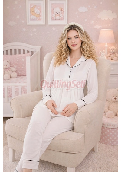 Quilling Lady Ekru Renkli, Kol Ve Paçaları Manşetli, 33202 Uzun Kol, 2 Parça Lohusa Hamile Pijama Takımı M - L