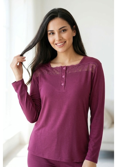 Mataş Kadın Dantelli Bambu Viskon Uzun Kollu Mevsimlik Soft Örme Yumuşak Pijama Takımı Bordo