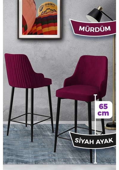 Canisa Tera Serisi 4 Mürdüm Sandalye 65 Cm Ada Mutfak Bar Sandalyesi Babyface Kumaş Siyah Metal Ayaklı Sandalyeler Mürdüm Ayaklar Siyah
