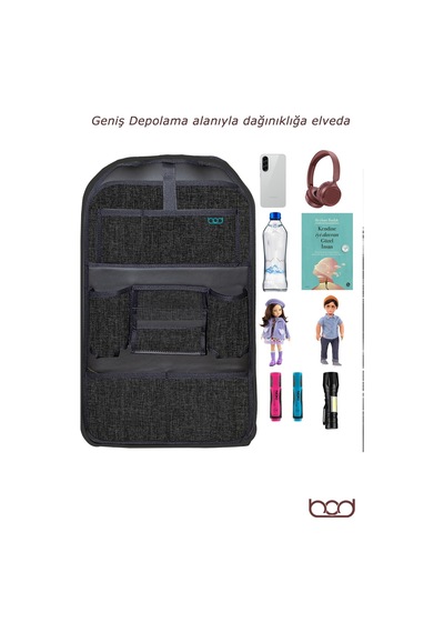 Bod Lux Linen Serisi Keten Koltuk Arkası Düzenleyici Araç İçi Organizer Siyah