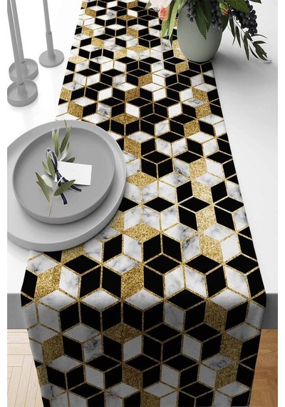 Gold Petek Desenli Premium Masa Örtüsü Runner Rnr268n11