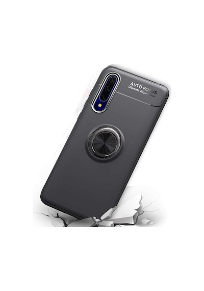 Kilifone - Huawei P Smart Pro 2019 Uyumlu Kılıf Koruyucu Yüzüklü Karbon Ravel Silikon Kapak - Siyah-kırmızı - T11286