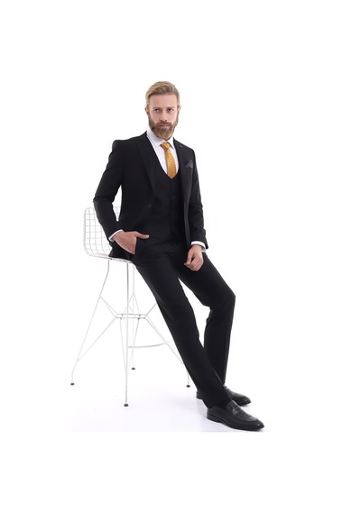 Presto Erkek Yelekli Slimfit Takım Elbise 6 Drop Siyah 581-001 Siyah