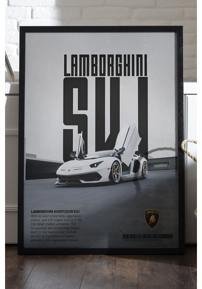 Lamborghini Aventador Svj Siyah Ahşap Çerçeveli Poster, Dekoratif Araba Duvar Tablosu