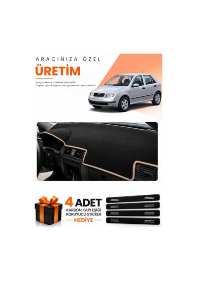 Skoda Fabia 1999-2006 Uyumlu Torpido Koruma Örtüsü Oto Kılıfı - Siyah Bej