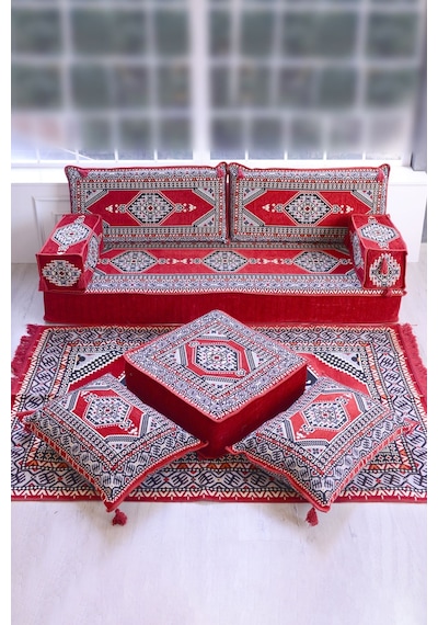 Şark Köşesi Takımı Konsepti Kırmızı Yahyalı Modeli 9 Parça 20 Cm Minder Kalınlığı