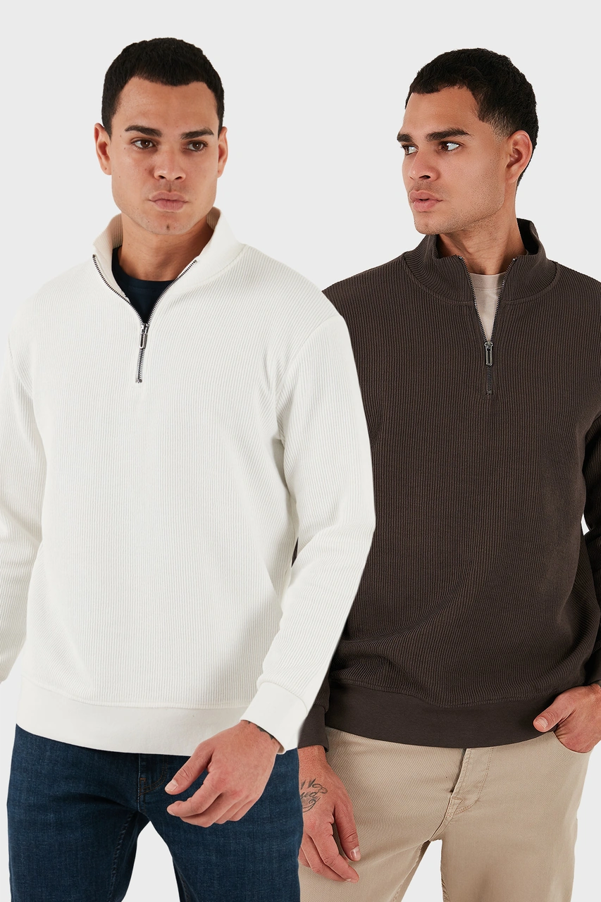 Buratti Pamuklu Regular Fit Yarım Fermuarlı Dik Yaka 2'Li Paket Erkek Sweat 5905716S2 Ekru-Koyu Kahve Buratti Pamuklu Regular Fit Yarım Fermuarlı Dik Yaka 2'Li Paket Erkek Sweat 5905716S2 Ekru-Koyu Kahve