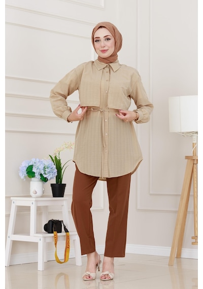Sevitli Beli Bağcıklı Allerli Taşlı Tunik-bej-5219 Bej