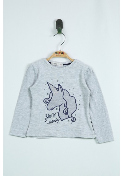 Toontoy Kids Toontoy Kız Çocuk Tişört Unicorn Nakışlı Gri Melanj