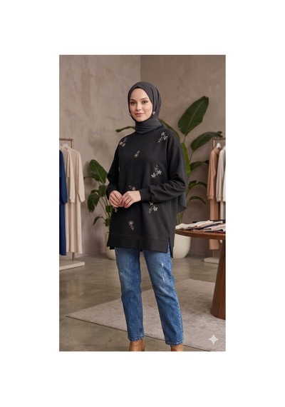 Butik Kadın Boncuk Taş İşlemeli Sweatshirt Siyah Siyah