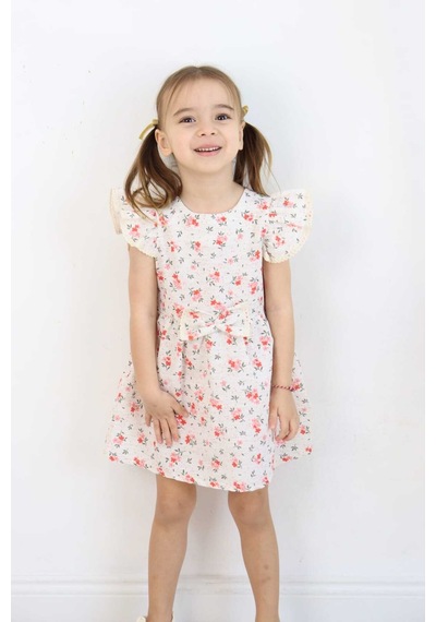 Esila Kids Kız Çocuk Elbise Bayramlık Elbise Çiçek Desenli Fiyonk Detaylı Büzgülü Kollu 3-6 Yaş Kırmızı