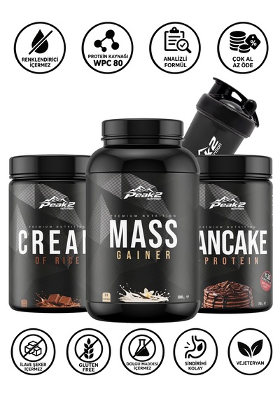 Hacim Paketi 6 - 1 Adet Mass Gainer 3 Kg Vanilya + 1 Adet Cream Of Rice 1 Kg Çikolata + 1 Adet Protein Pancake 750 Gr Çikolata + 1 Adet Shaker