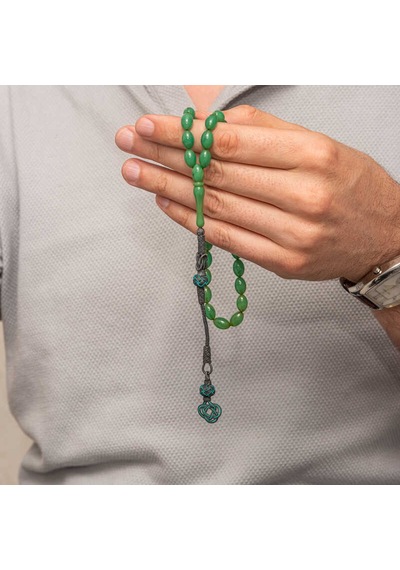 Gümüş Kazaz Püsküllü Yeşil Sıkma Kehribar Tesbih 48481405