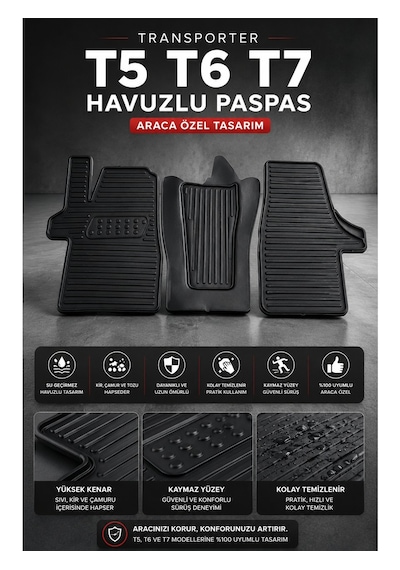 Volkswagen Transporter T5 T6 T7 Havuzlu Oto Paspas 3 Parça Araca Özel Siyah Kaymaz Su Geçirmez