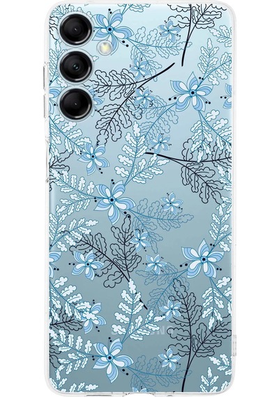 Samsung M14 Uyumlu Kamera Korumalı Floral Mavi Tasarımlı Şeffaf Silikon Kılıf