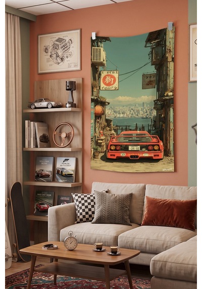 Retro Araba Duvar Örtüsü, Vintage Racing Oda Dekoru, Kumaş Duvar Halısı Beyaz