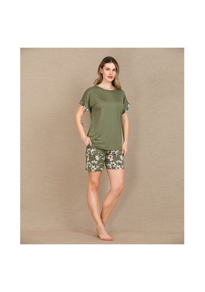 Aria's Closet Arias Closet Şık Tasarım Çiçek Desenli Yeşil Şortlu Kısa Kol Viskon Pijama Takımı