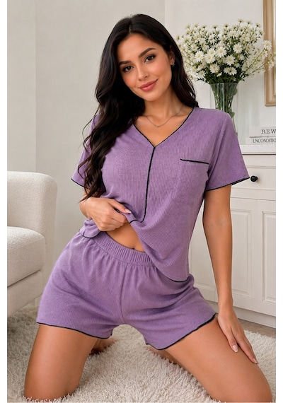 Bella Notte Mor Kısa Kollu V Yaka Biye Detaylı Pijama Takımı