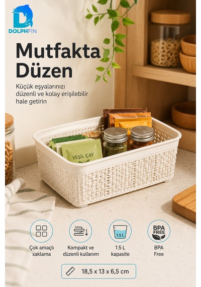 Jute Çok Amaçlı Sepet No:1 1,5 L Plastik Saklama Düzenleme Sepeti 18,5x13x6,5 Cm Çok Renkli