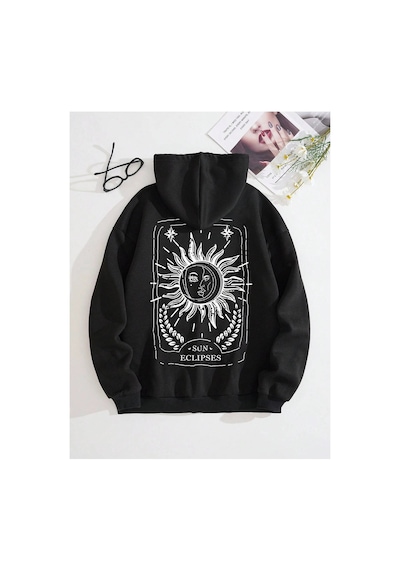 Tarzsokak Sun & Moon Print Zip Up Drawstring Lined Hoodie Siyah