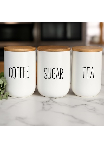 3 Lü Seramik Bambu Kapaklı Beyaz Kavanoz Seti 1000 Ml Coffee/sugar/tea Bambu Kapaklı Çok Renkli