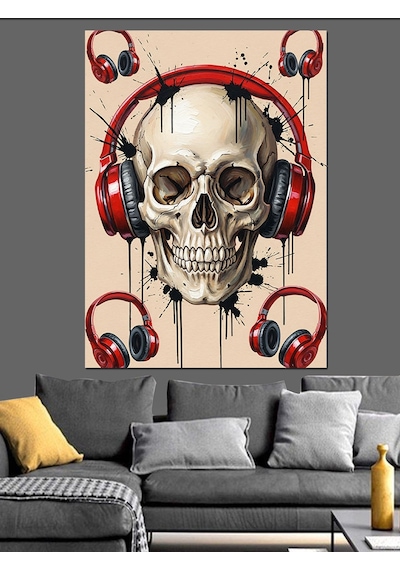 Ahşap Tablo Kulaklıklı Kafatası Müzik Aşkı