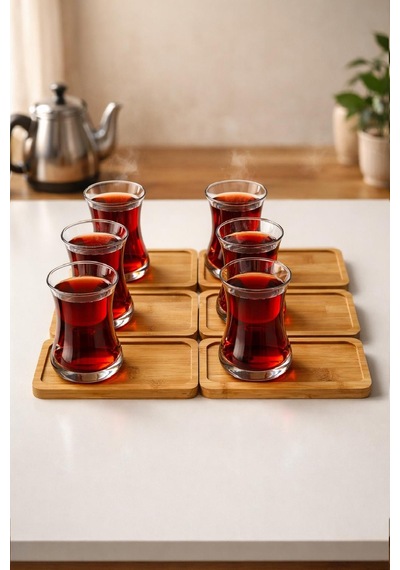 6'lı Cam Çay Bardağı Ve Bambu Bardak Altlığı Seti Sunumluk Çay Servis Seti, Kurabiyelik Kahvaltılık Tepsi Şeffaf