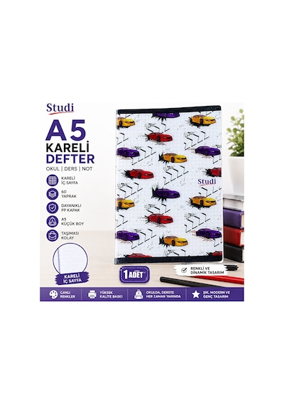 60 Yaprak A5 Kareli Defter Renkli Spor Araba Desenli Pp Kapak Öğrenci Defteri Çok Renkli
