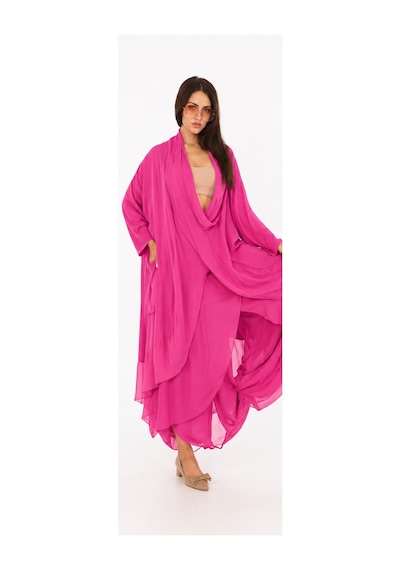 Bohem Stil Italyan Ipek Detaylı Oversize Sonsuzluk Kaftan Bluz- Asimetrik Pantolon Takım Fuşya Bohem Stil Italyan Ipek Detaylı Oversize Sonsuzluk Kaftan Bluz- Asimetrik Pantolon Takım Fuşya