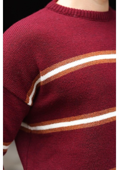 Madmext Bordo Çizgili Triko Erkek Kazak E7457 Bordo