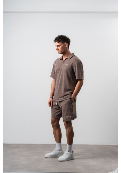 Erkek 2flyy Yazılı Yarım Fermuarlı Regular Fit T-shirt Şort Takım Kahve Kahverengi