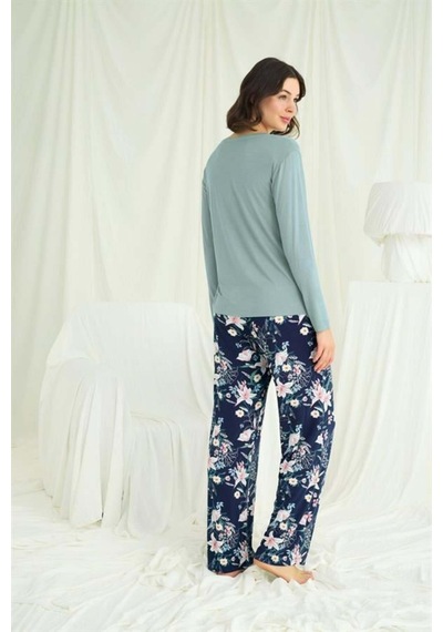 Modenya Çiçek Ve Yaprak Desenli Baskılı Pijama Takımı Yeşil
