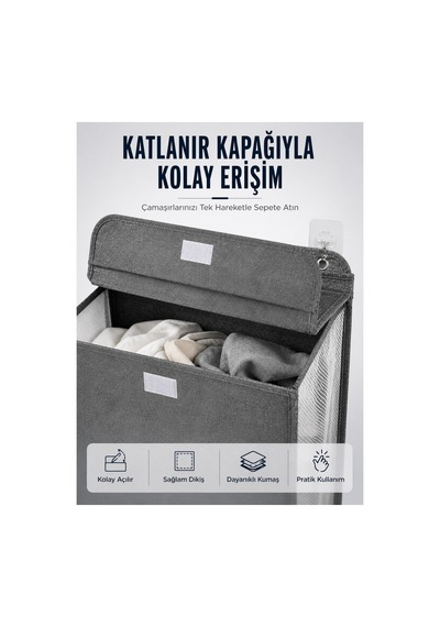 Kapaklı Duvar Tipi Kirli Çamaşır Sepeti Yer Tasarrufu Sağlayan Siyah Siyah