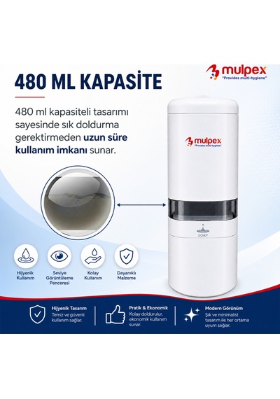 Mulpex 480 Ml Sıvı Sabunluk Beyaz Duvar Tipi Abs Dispenser, Kilitli Kapak Ve Seviye Göstergeli