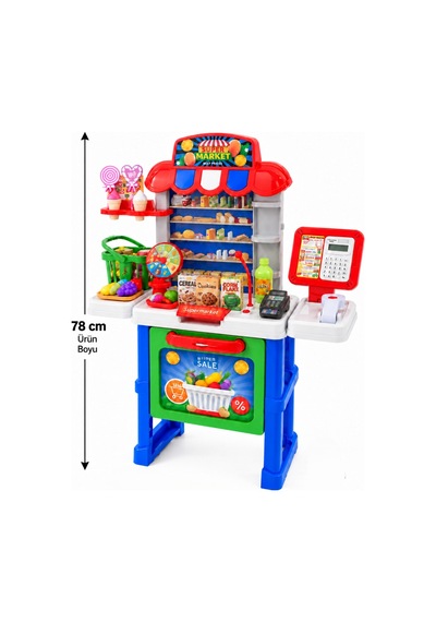 Süpermarket 53 Parça Gerçek Hesap Makineli 78 Cm Sesli Işıklı Barkod Okuyuculu Eğitici Oyuncak Seti