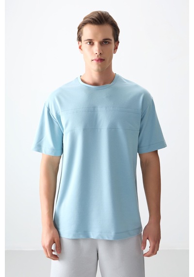 Air Jones Tommy Life Açık Mavi Pamuklu Kalın Yumuşak Dokulu Oversize Fit Basic Erkek T-shirt - 88378 Açik Mavi