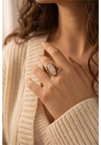Esoo Jewelry Vintage Tasarım Pembe Doğal Taşlı Ayarlanabilir Kadın Yüzük - Antik Gold Görünümlü
