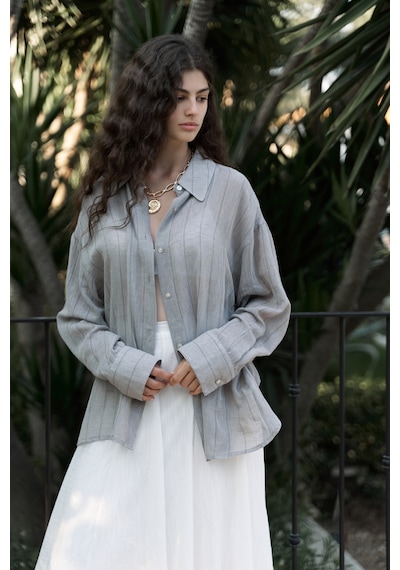 Mai Collection Mai Studios Co. Calynn Sırt Dekolteli Çizgili Vizon Keten Gömlek VİZON