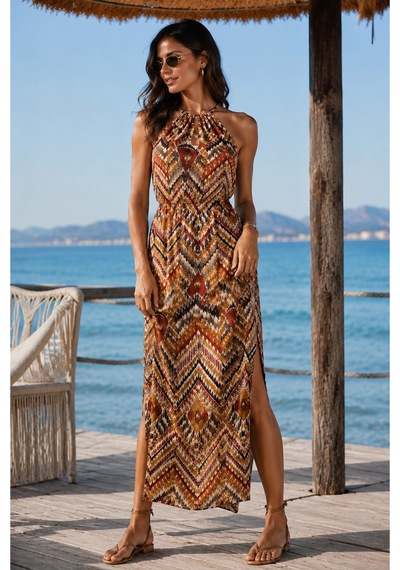 Mixxtrend Etnik Desen Yırtmaçlı Maxi Boy Viskon Elbise Kahverengi