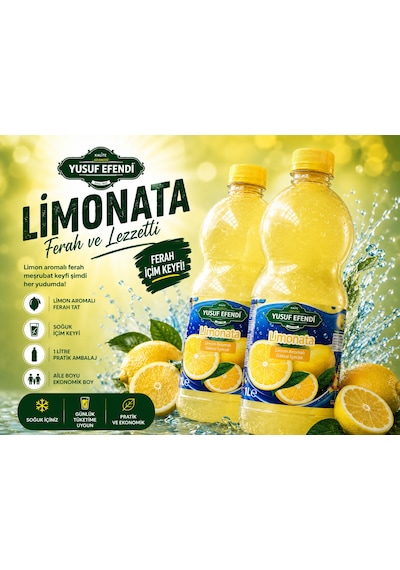Yusuf Efendi Limonata 1 L 2'li Ferahlatıcı Limon Aromalı Gazsız İçecek