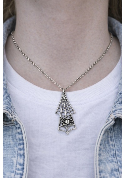 Web Arrow Charm Örümcek Detaylı Ağ Figürlü Gümüş Renk Unisex Kolye 60 Cm Çok renkli