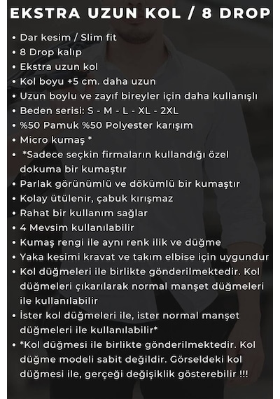 Dicotto Siyah 8 Drop Ekstra Uzun Kol Dar Kesim Micro Kumaş Kol Düğmeli Slim Fit Erkek Gömlek - 197-6 001