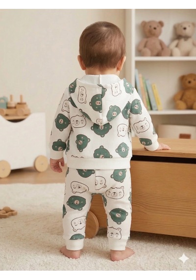 Ayıcık Desenli 3 Lü Bebek Takımı - Kapüşonlu Hırka, Zıbın Body Ve Alt Pijama Seti Yeşil