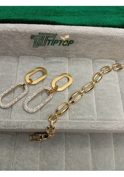 Tiptop/ Gold Renk Zirkon Taşlı Sallantılı Model Çelik Küpe - Zincir Model Zirkon Taşlı Bileklik Gold