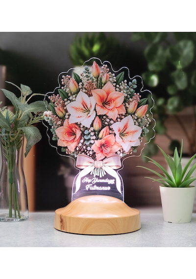 Amaryllis - Nergis Zambağı Çiçek Buketi Led Lamba, Işıklı Güzel Hatun Çiçeği Solmayan Çiçek Sevgiliye Eşe Kişiye Özel Hediye