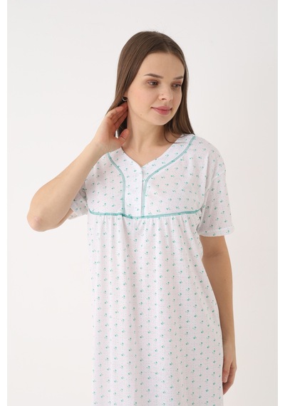 Yasar Underwear Kadın Pamuklu Kısa Kollu Desenli Uzun Boy Gecelik Mint Mint