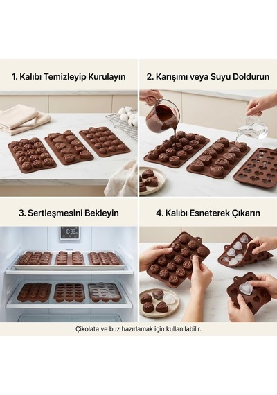 3'lü Silikon Çikolata Ve Buz Kalıbı Seti, 18 Gözlü Kalp, 15 Gözlü Çiçek Ve 10 Gözlü Desenli Kalıp, Toplam 43 Göz, Kahverengi Çok Renkli